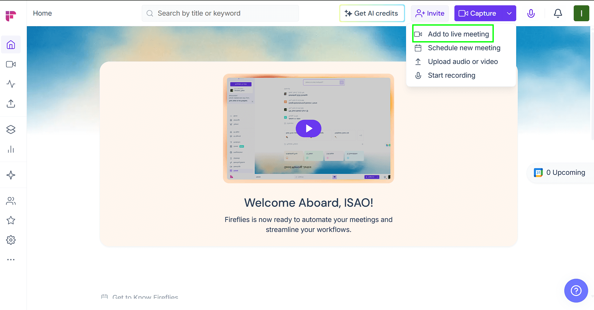 Dashboard Fireflies - Cliquer sur Capture puis Add to live meeting