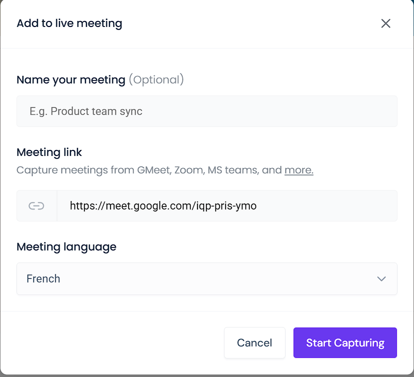 Fenêtre Add to live meeting avec le lien Meet et la langue