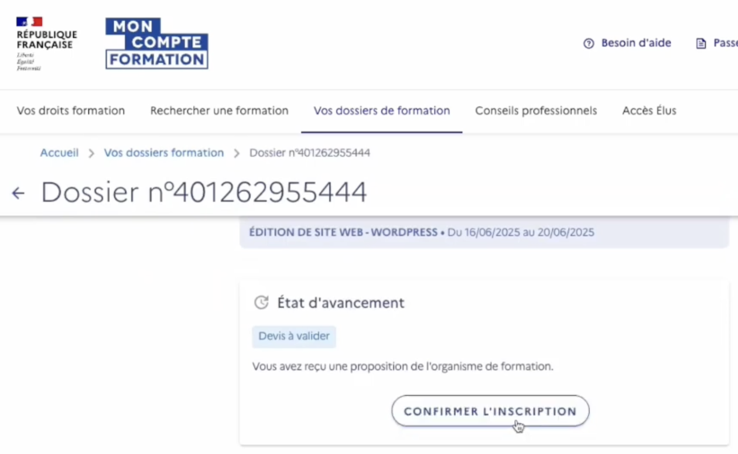 Confirmer l'inscription